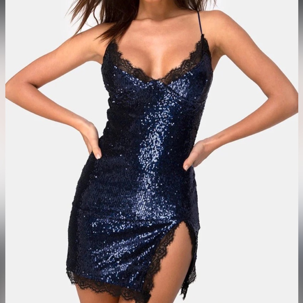 Motel Rocks Romini Dress In Midnight Mini Sequin With Black Lace
